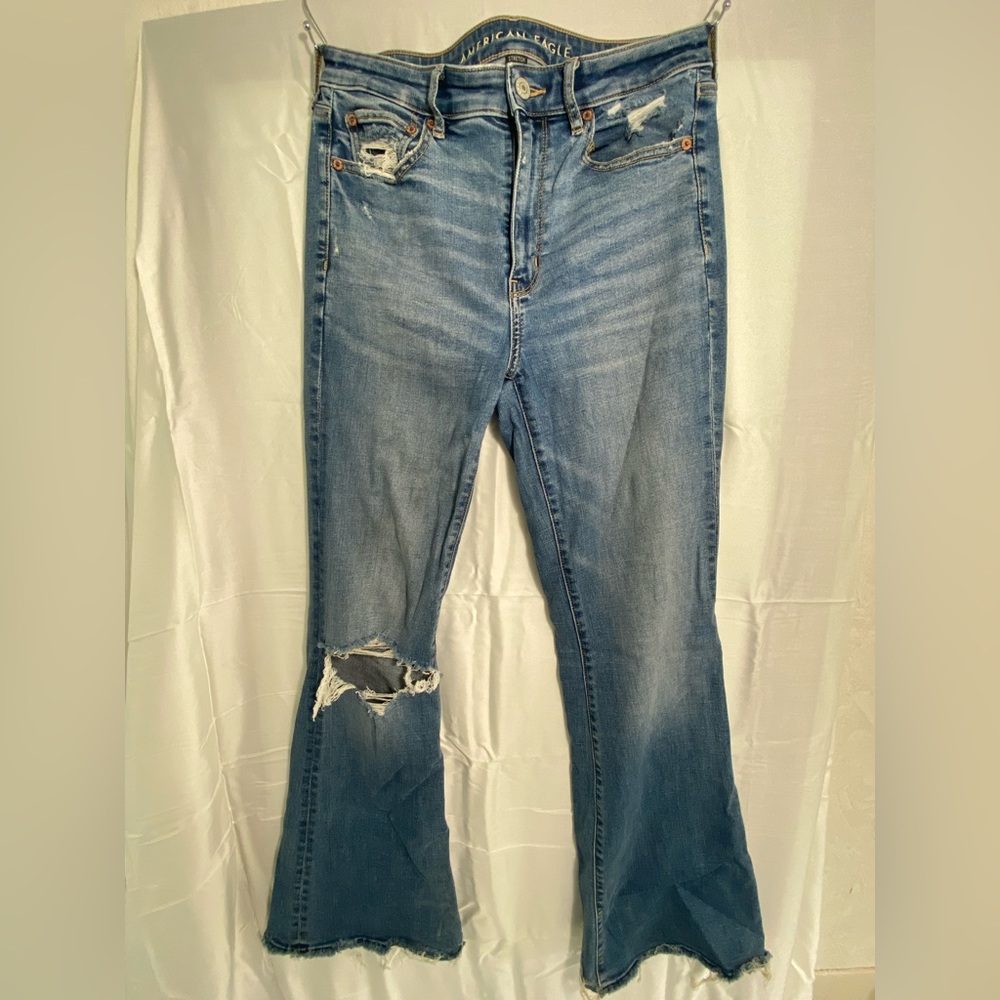 American Eagle Super Hi-Rise Flare Distressed Jeans